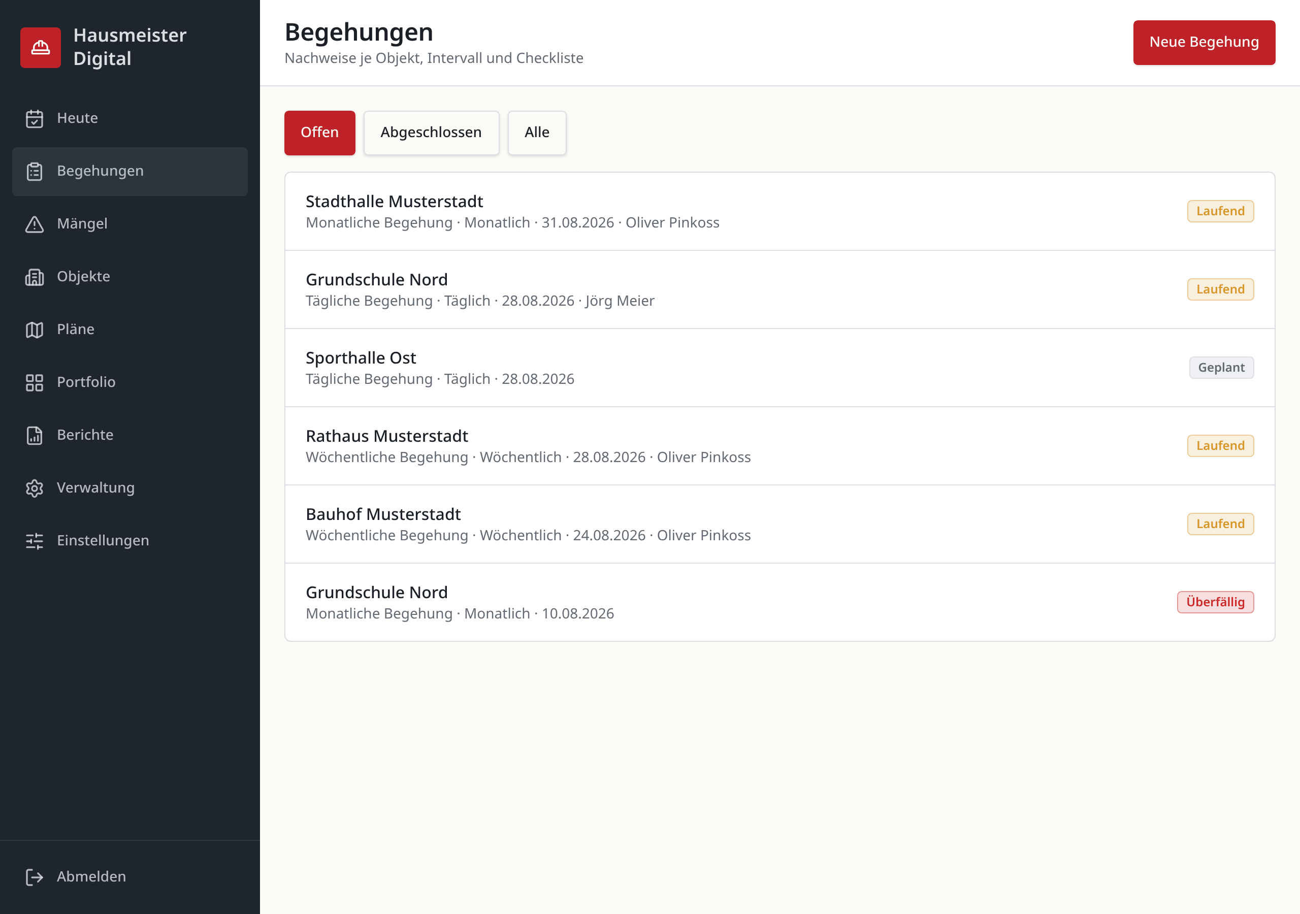 Ansicht Begehungen in Hausmeister Digital